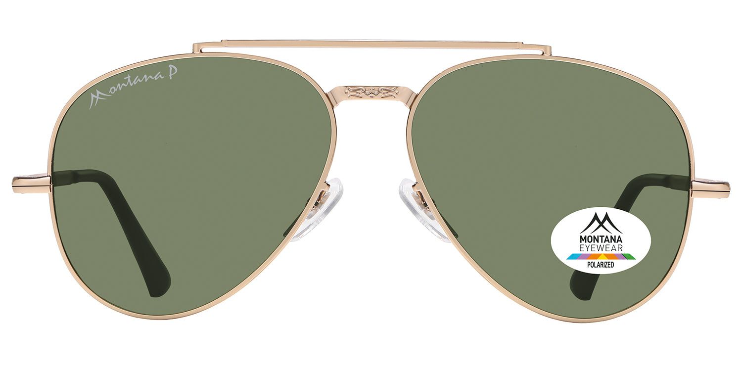 Lunettes de soleil dorées à verres verts. Forme aviateur. Logo Montana Eyewear et autocollant Polarized. Branches avec embouts noirs.