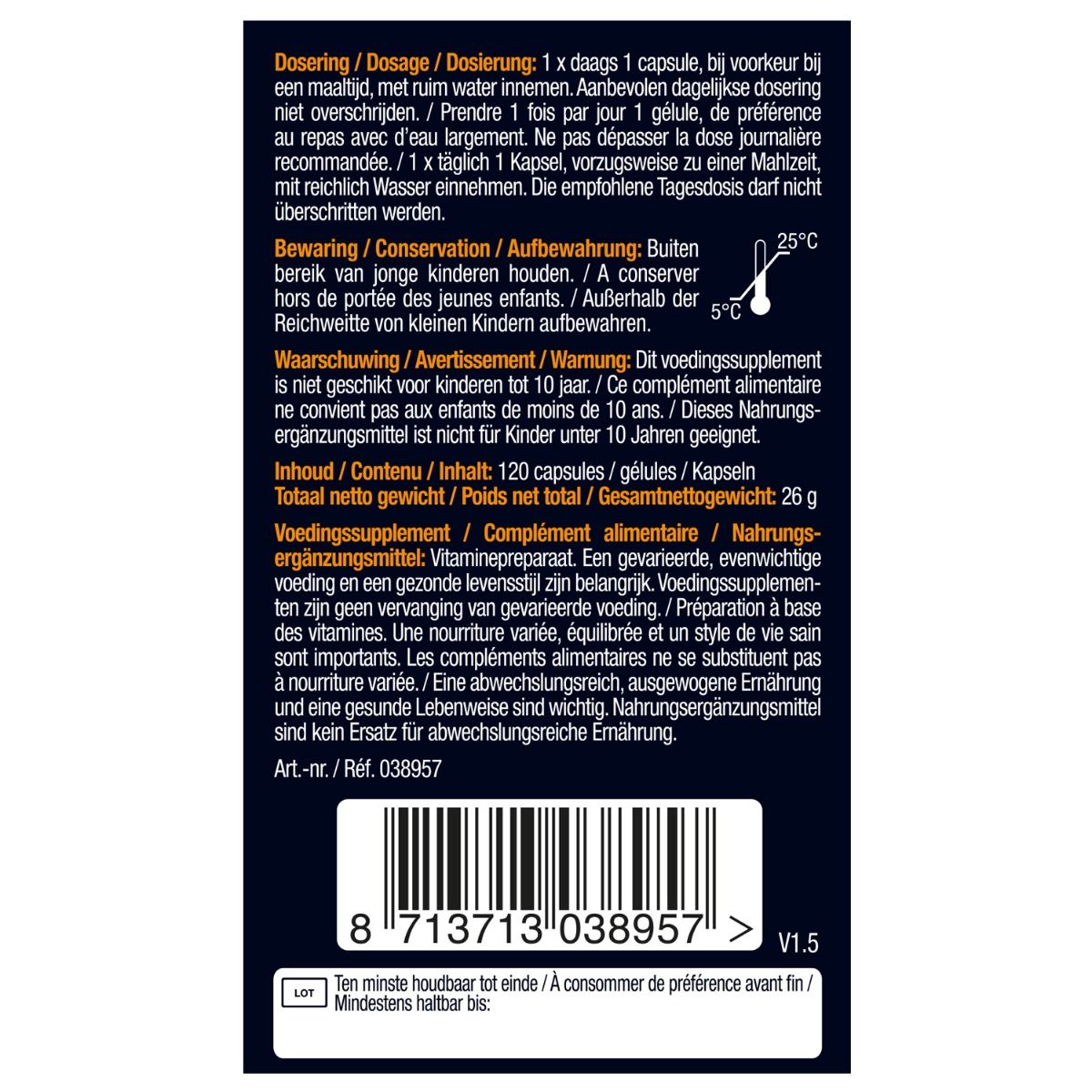 Achterkant van de Lucovitaal Vitamine D3 verpakking. Bevat doseringsinstructies, waarschuwingen en houdbaarheidsinfo. Tekst in het Nederlands.