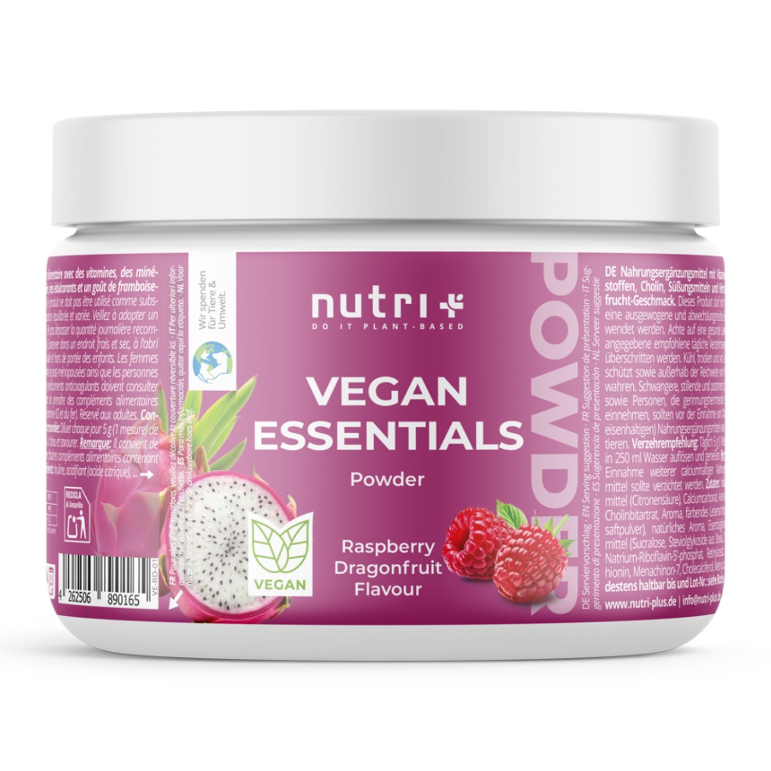 Poudre Nutri+ Vegan Essentials: Saveur Framboise Fruit du Dragon. Pot avec poudre, framboises et tranche de fruit du dragon.