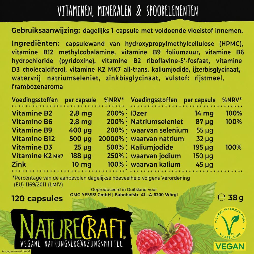 Certificaten en keurmerken voor veganistische all-in-one capsules, geproduceerd in Duitsland.