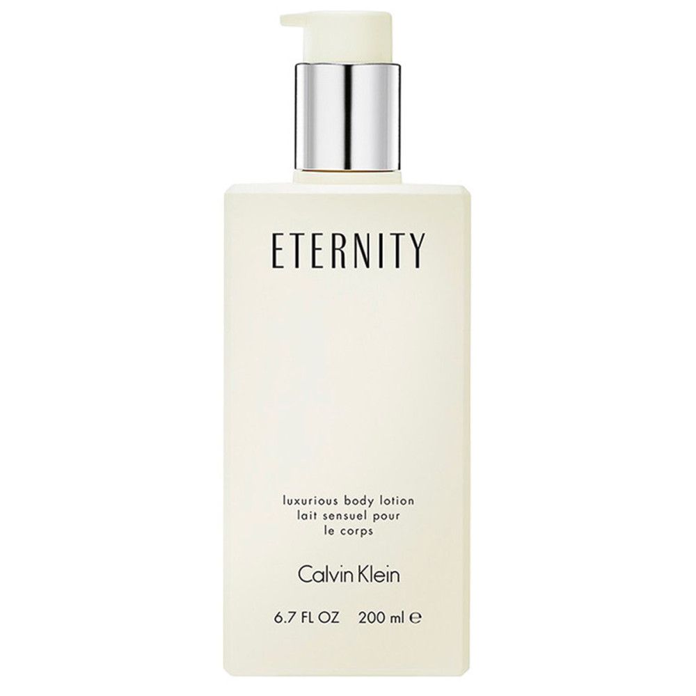 Beige lotionfles met pomp. Opschrift: ETERNITY, Calvin Klein. Tekst: luxurious body lotion, lait sensuel pour le corps.