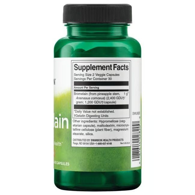Dos du flacon vert. Inscription : Supplement Facts. Contient de la bromélaïne, 1 g, par portion.