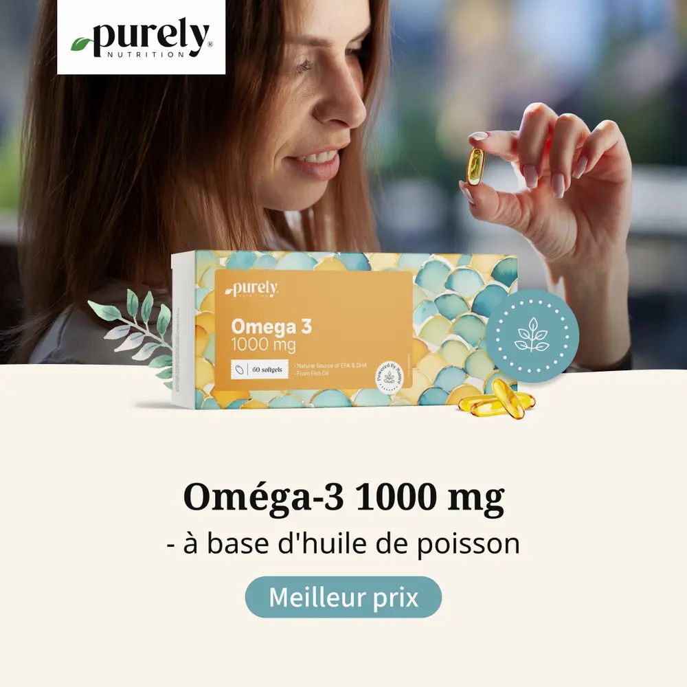 Femme avec boîte et gélules. Inscription : Oméga-3 1000 mg - à base d'huile de poisson. Texte : Meilleur prix.