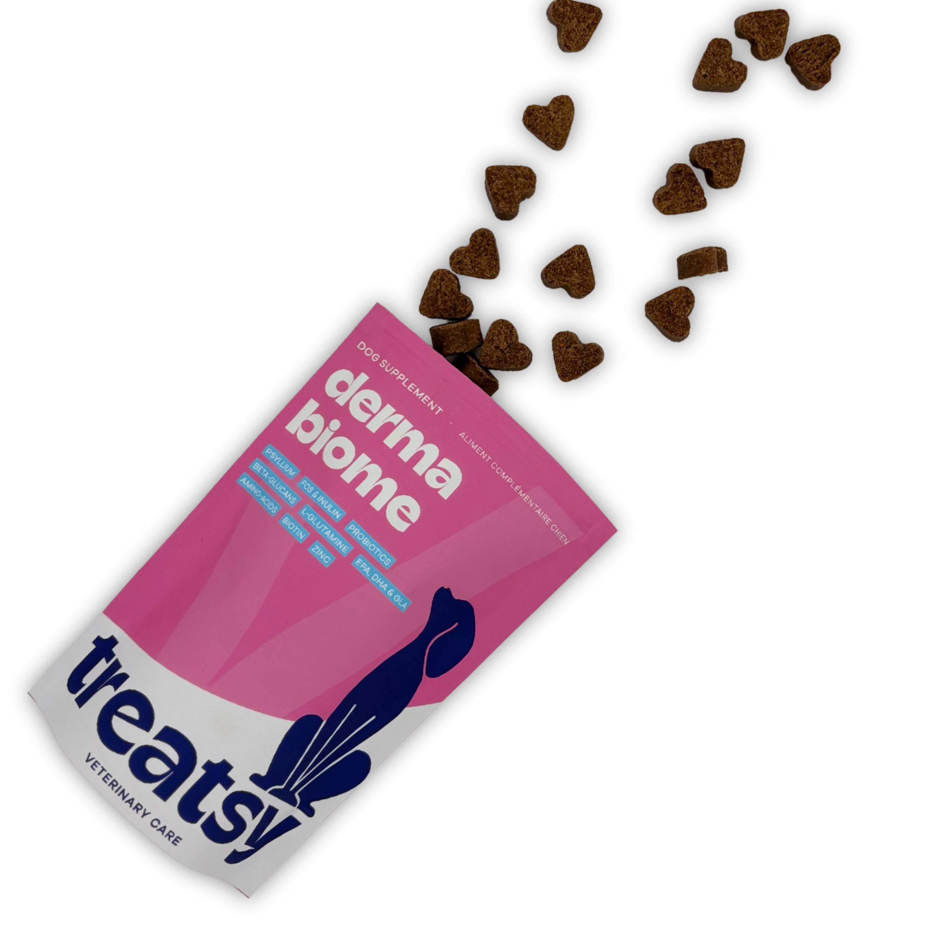 Sachet rose « derma biome » et « Treatsy ». Friandises en forme de cœur tombant du sachet.