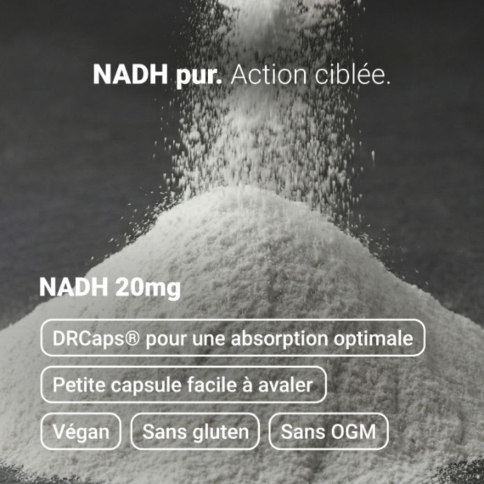 Poudre de NADH versée. "NADH 20mg. DRcaps, végétalien, sans gluten, sans OGM."