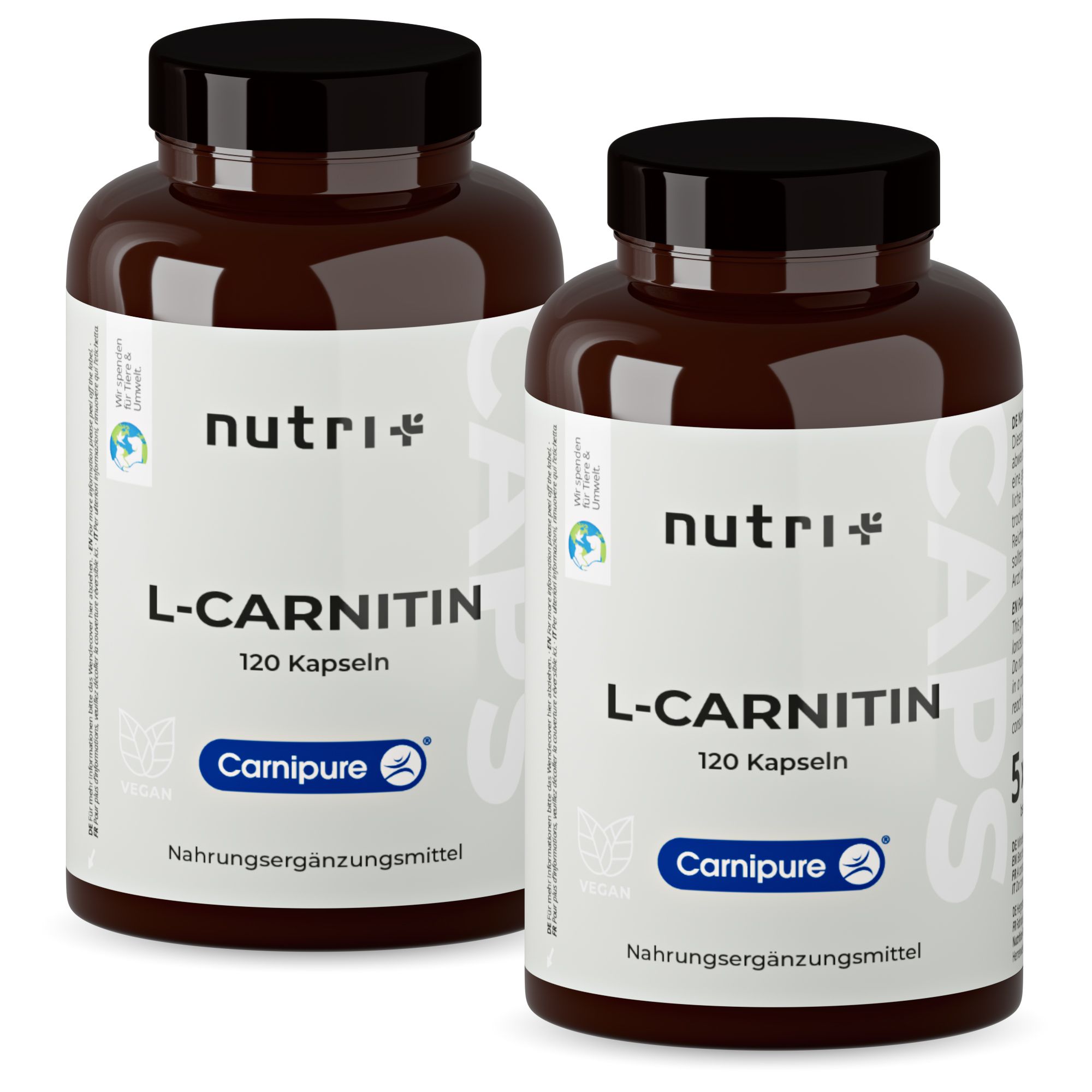 Deux flacons bruns à couvercle noir. Étiquette avec "Nutri+", "L-Carnitine", "120 capsules" et "Carnipure®".