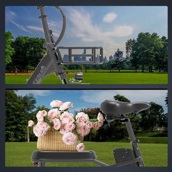 Twee afbeeldingen: elektrische fiets met mand voor stadsgezicht en mand met bloemen op de bagagedrager.