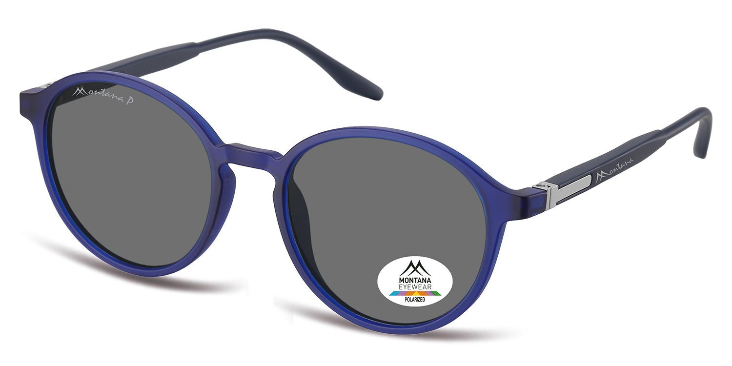 Lunettes de soleil bleues avec verres ronds, vue latérale. Un autocollant sur le verre droit affiche le logo et 'Polarized'.