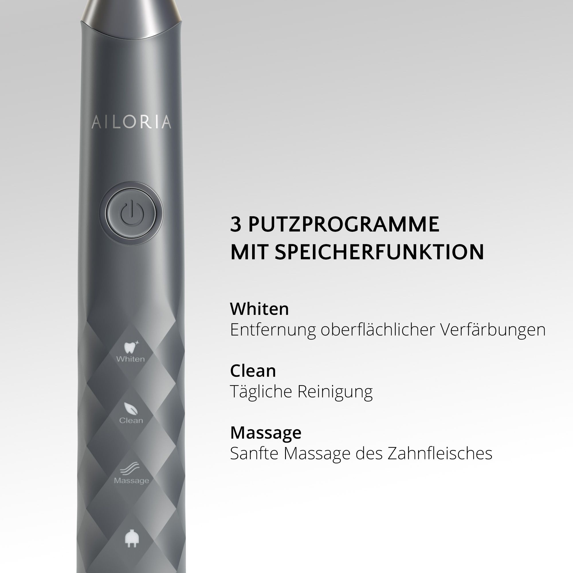 Brosse à dents électrique avec trois programmes de nettoyage : Blanchiment, Nettoyage, Massage. Logo AILORIA.
