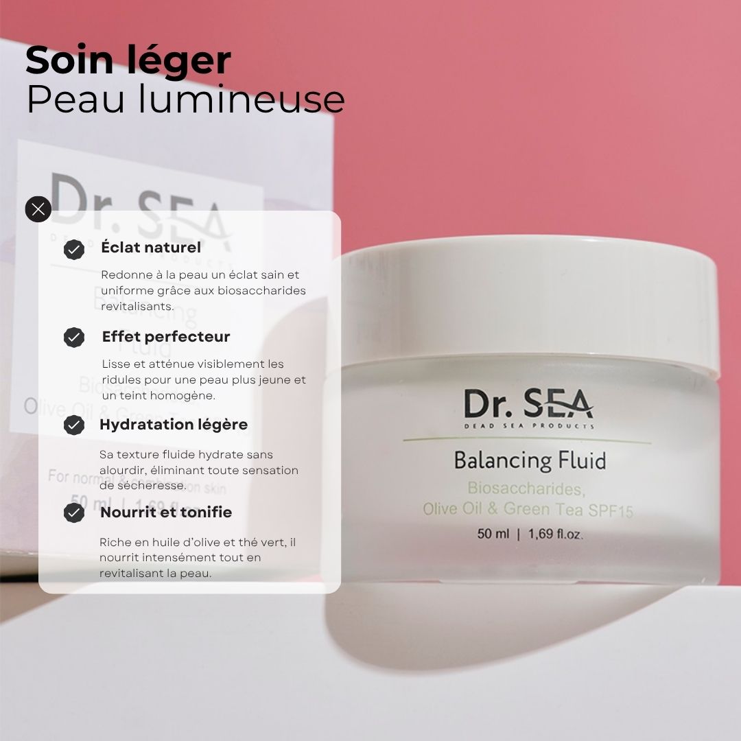 Produit avec texte. Texte : Éclat naturel, Effet perfecteur, Hydratation légère, Nourrit et tonifie.