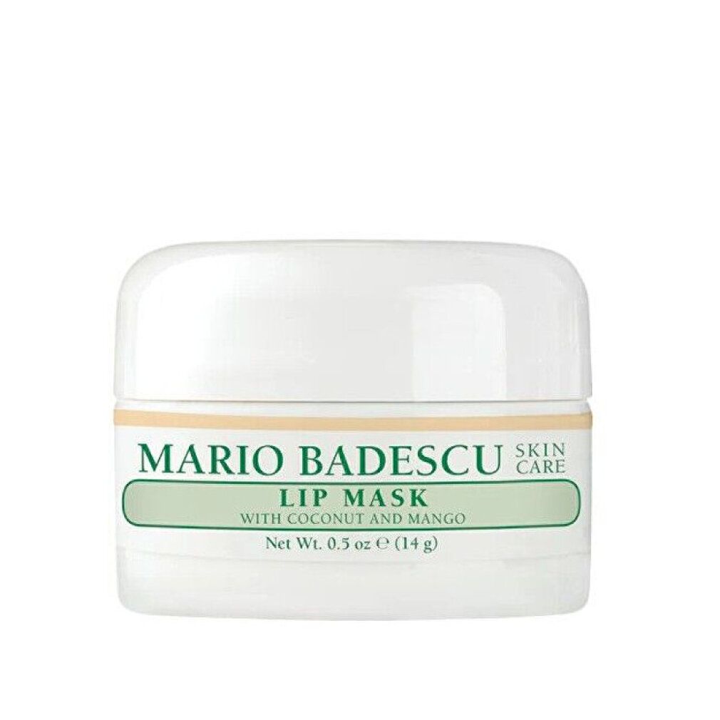 Witte pot met deksel. Opschrift: Mario Badescu Skin Care, Lip Mask with Coconut and Mango. Nettogewicht 0,5 oz (14 g).