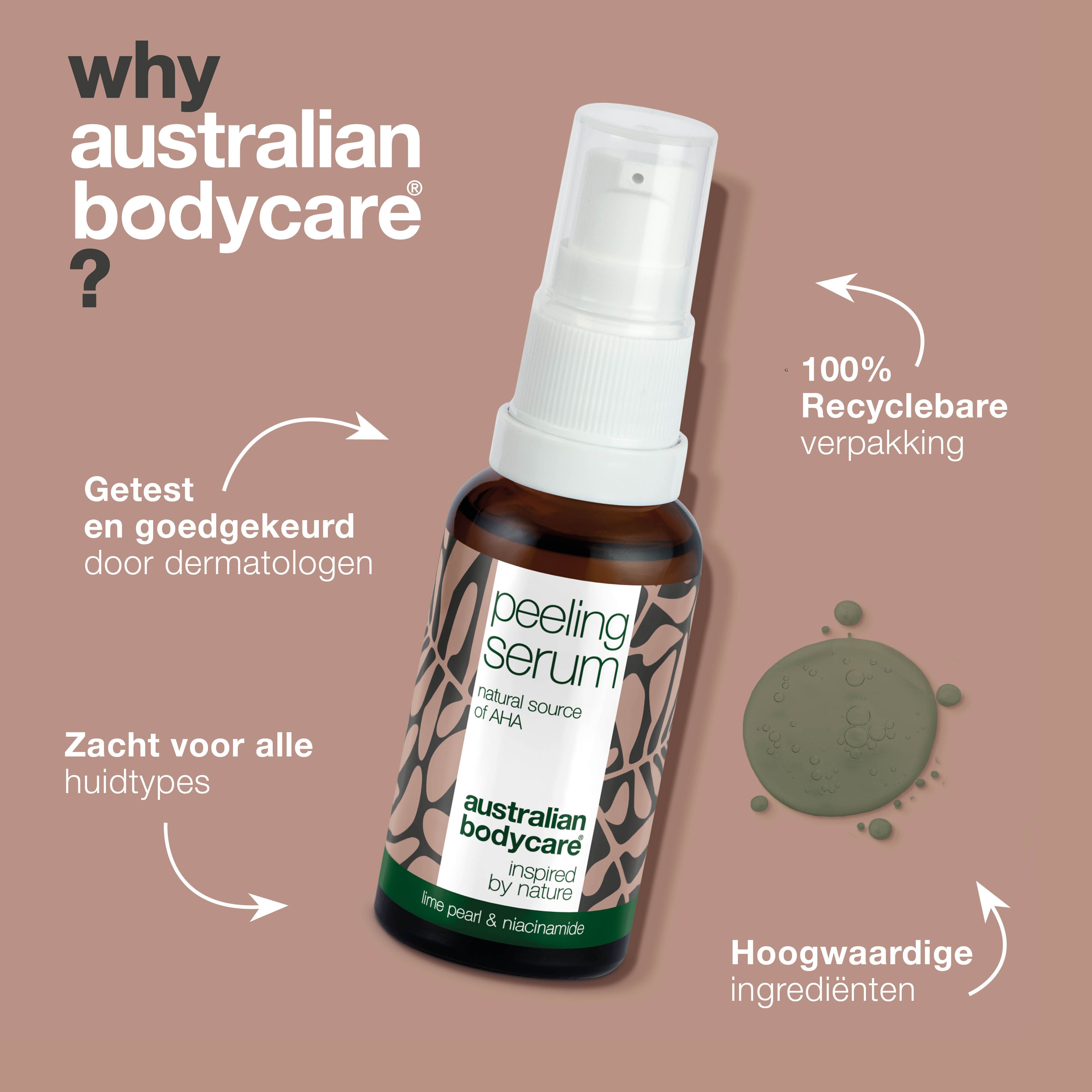 Fles peeling serum. Tekst: getest door dermatologen, zacht voor alle huidtypes, 100% recyclebare verpakking.