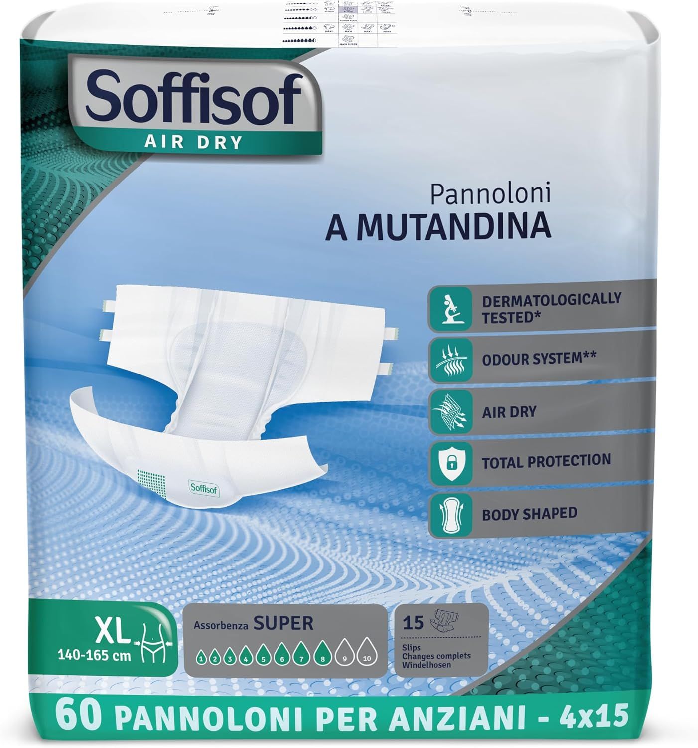 Soffisof Air Dry Super. XL, 140-165 cm. 60 couches. Testé dermatologiquement, système anti-odeurs, Air Dry, protection totale, forme anatomique.