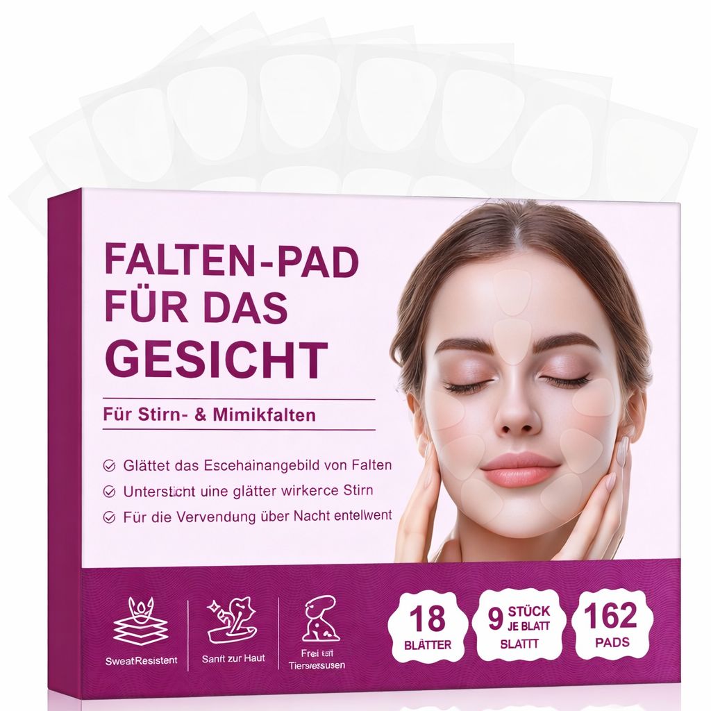 Boîte de patchs anti-rides pour le visage. Texte : Falten-Pad für das Gesicht. 18 feuilles, 9 pièces par feuille, 162 patchs.