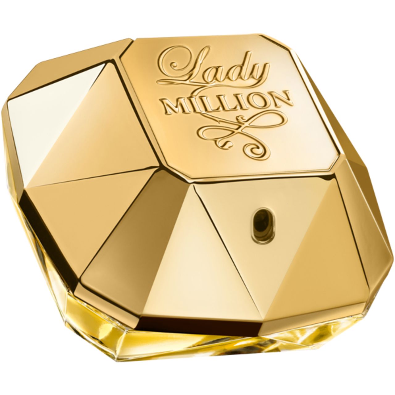 Flacon doré en forme de diamant. Inscription "Lady Million".