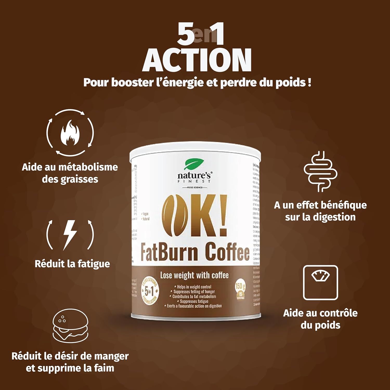 Boîte OK! FatBurn Coffee, Texte: 5en1 Action. Aide métabolisme, supprime faim, réduit fatigue, digestion.