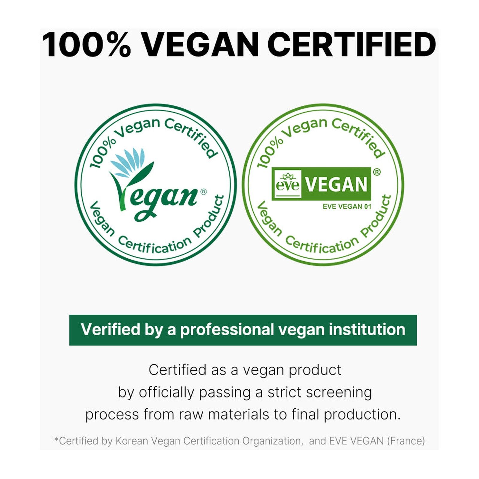 Twee ronde zegels met de tekst '100% Vegan Certified' en 'EVE VEGAN'.