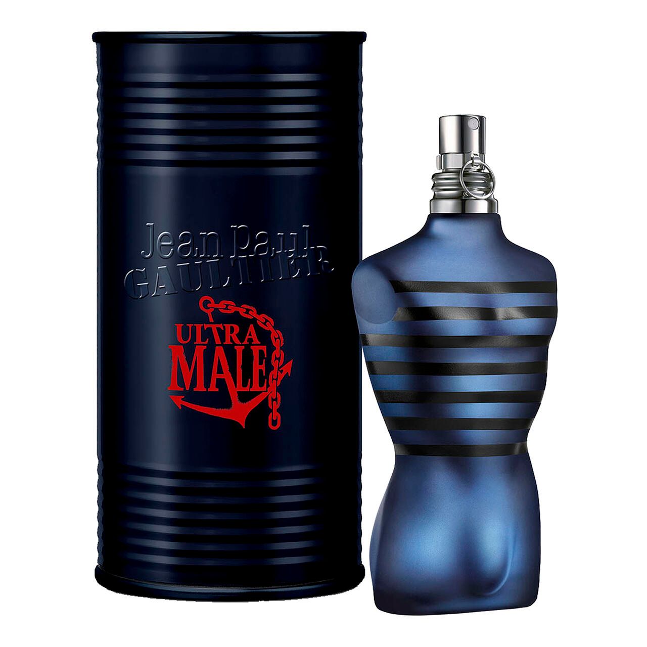 Blauwe torso-vormige fles naast een cilindrische doos. "Jean Paul Gaultier Ultra Male" op de doos.