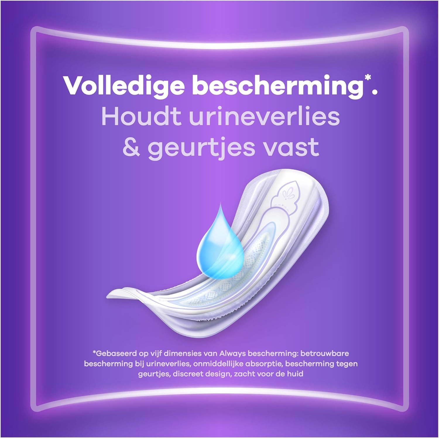 Een vrouwelijk hygiëneproduct met blauwe flappen en een illustratie van een blauwe vloeistofdruppel.