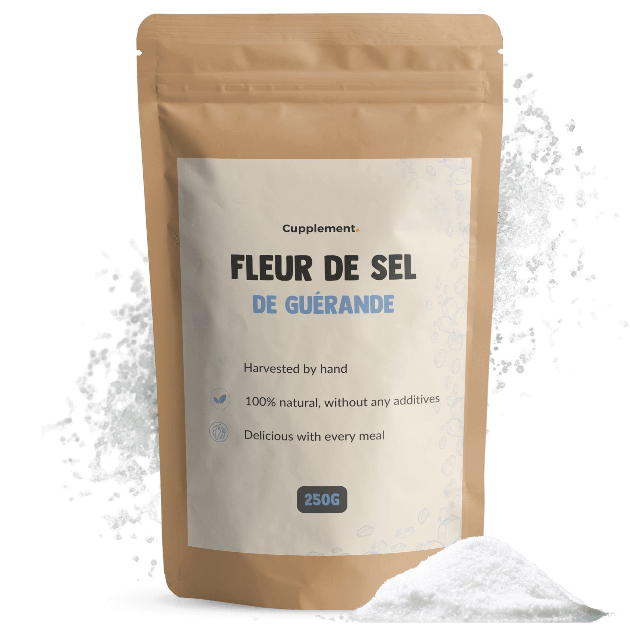 Zak zout. Opschrift: Fleur de Sel de Guérande. 250g. Natuurlijk zout, zonder toevoegingen.