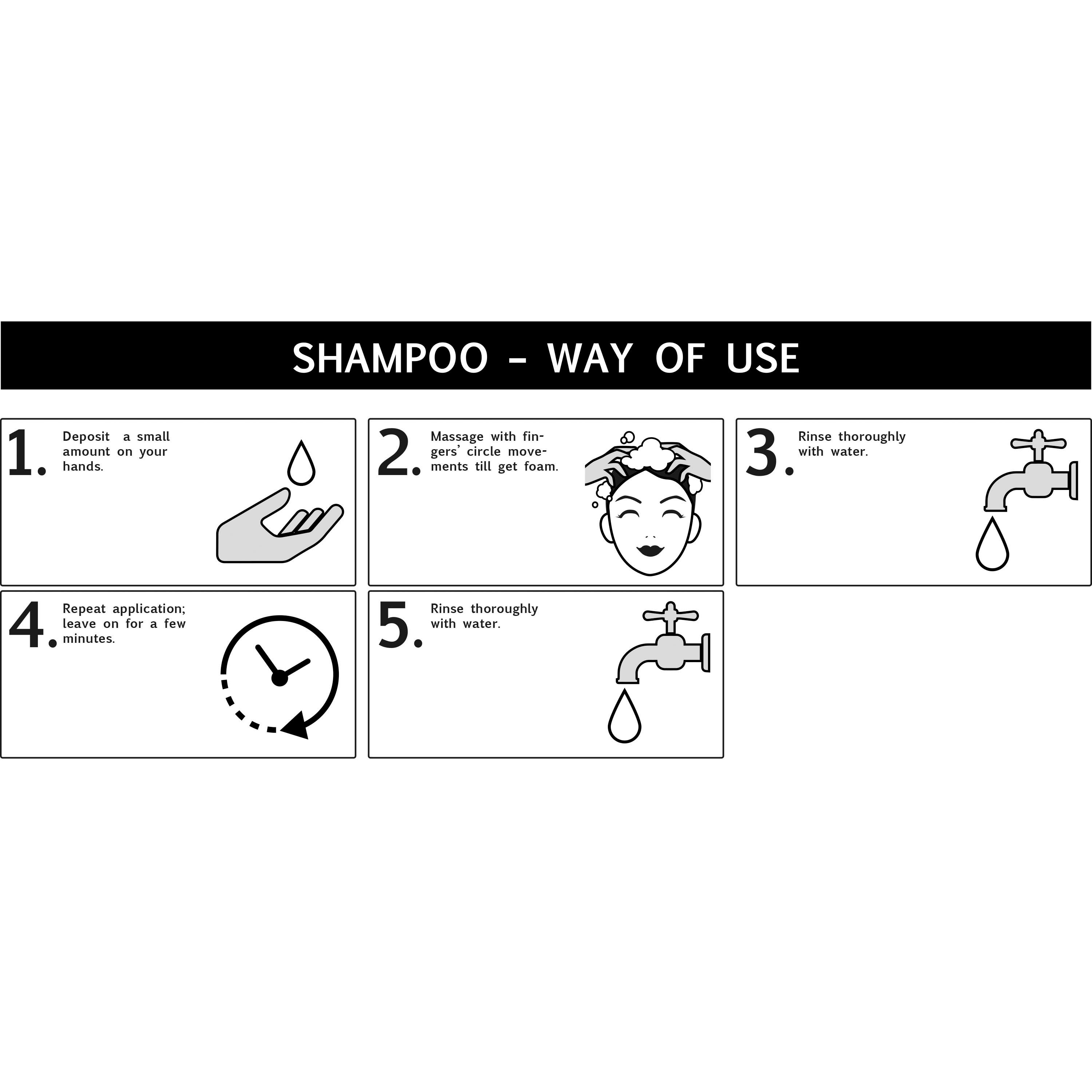 Zwart-wit illustratie: shampoo gebruik stappen. 1. Op handen doen. 2. Inmasseren. 3. Uitspoelen. 4. Herhalen. 5. Uitspoelen.