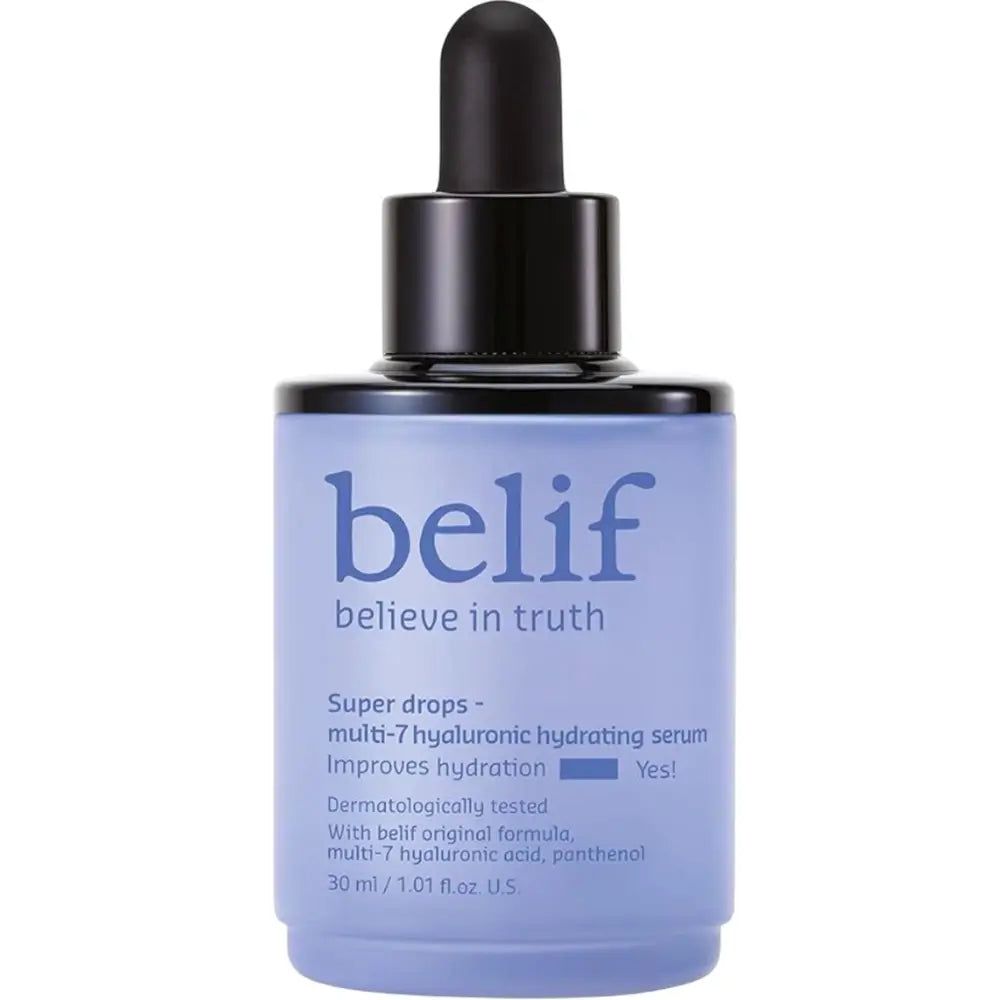 Flacon de sérum Belif Super Drops avec pipette. Emballage bleu clair avec bouchon noir.
