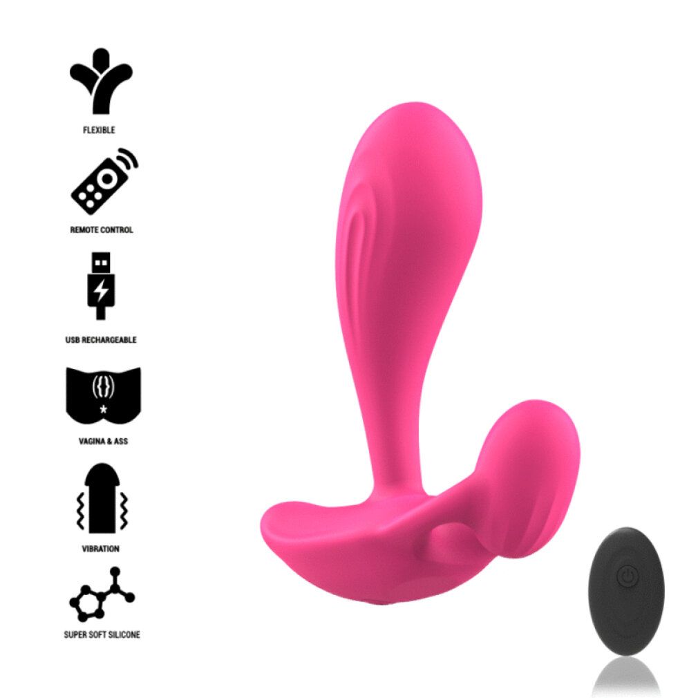Vibrateur rose avec télécommande, flexible, rechargeable par USB, en silicone.