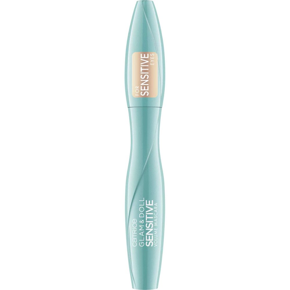 Tube de mascara turquoise avec brosse noire. Inscription : Glam & Doll Sensitiv. Pour les yeux sensibles.