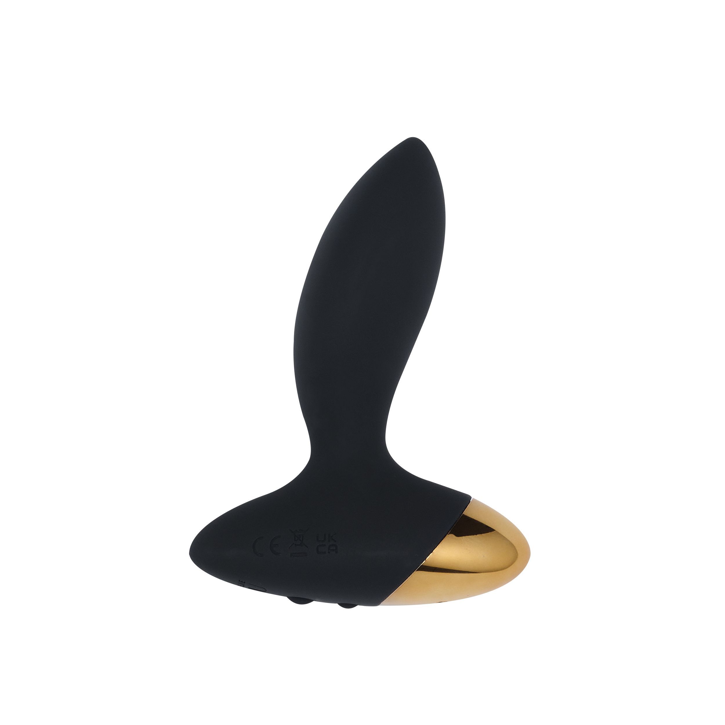 Zwarte anale vibrator met gouden accent. Langwerpige vorm met afgeronde punt en basis.