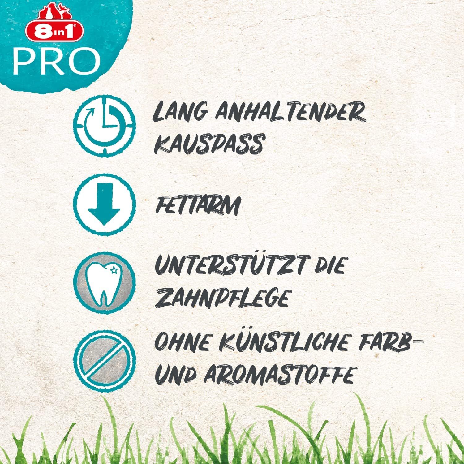 8in1 Pro: Langdurig kauwplezier, vetarm, ondersteunt de tandverzorging, zonder kunstmatige kleur- en smaakstoffen.