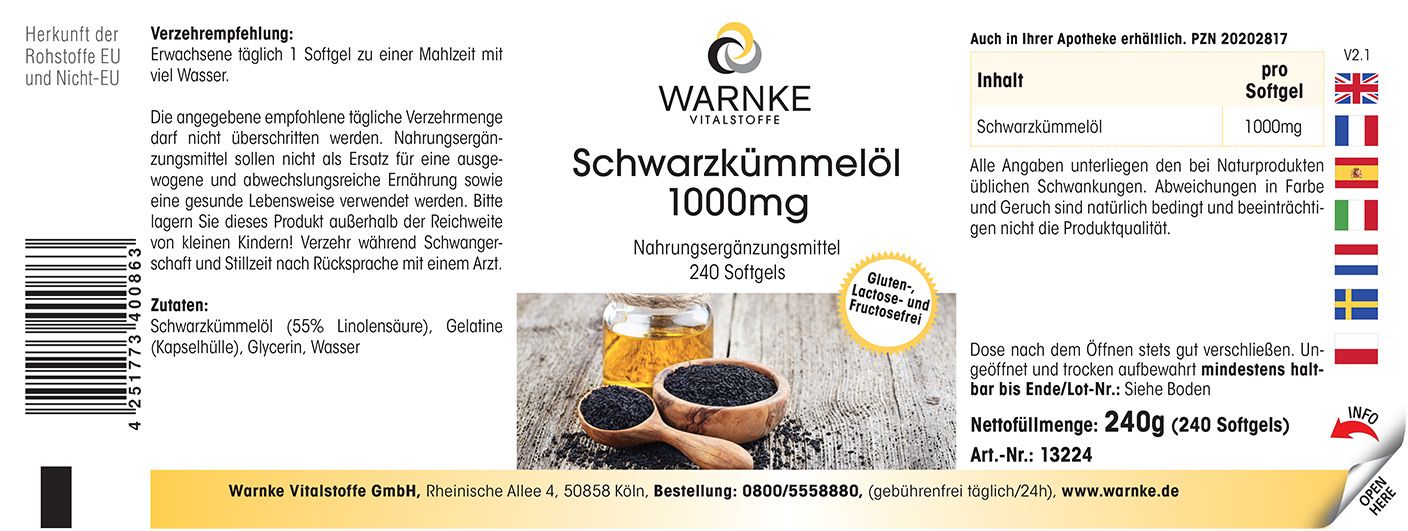 Étiquette avec texte: WARNKE, Olio di cumino nero 1000mg, 240 gélules. Image de graines et d'huile. Texte et logo.