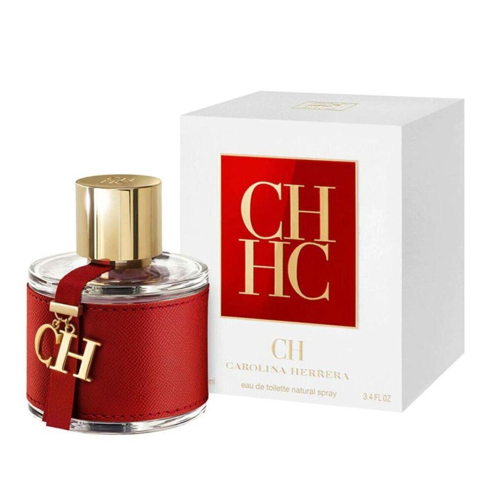 Parfumfles met rood leren bandje en CH-hanger naast witte doos met CH-logo. Gouden dop.