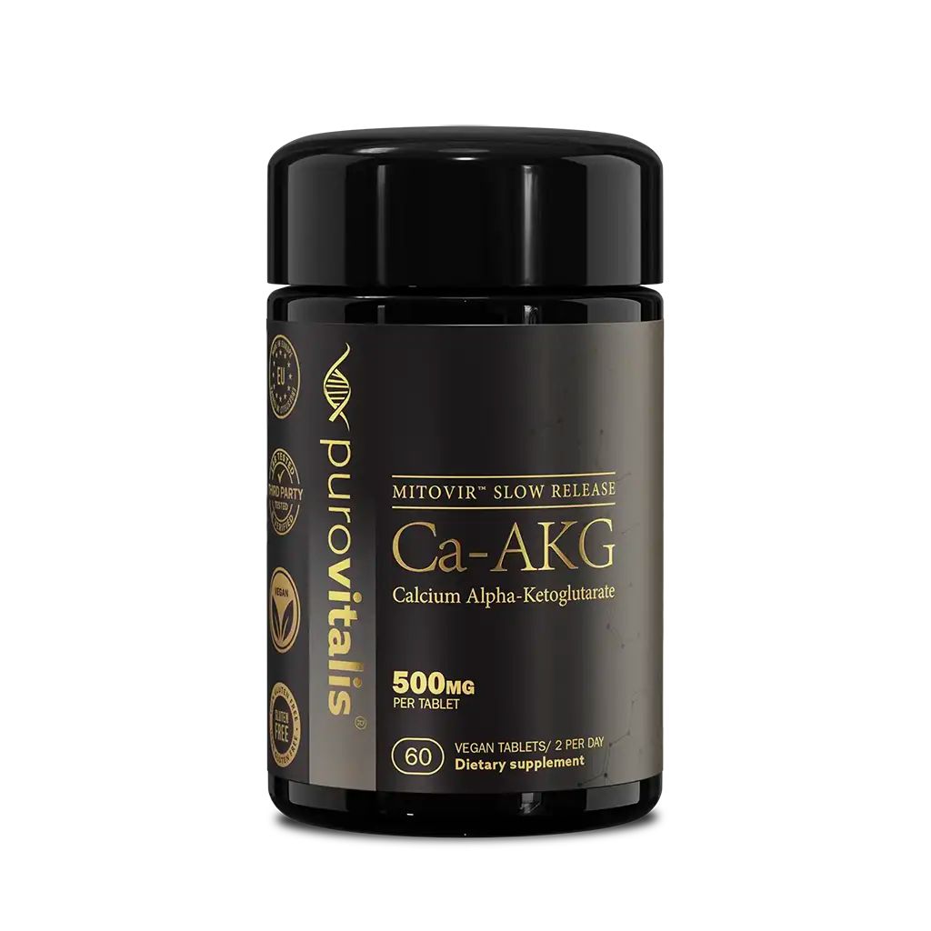 Flacon noir de comprimés Ca-AKG. Inscription : Mitovir Slow Release, 500mg par comprimé, 60 comprimés végétaliens. Marque : Purovitalis.