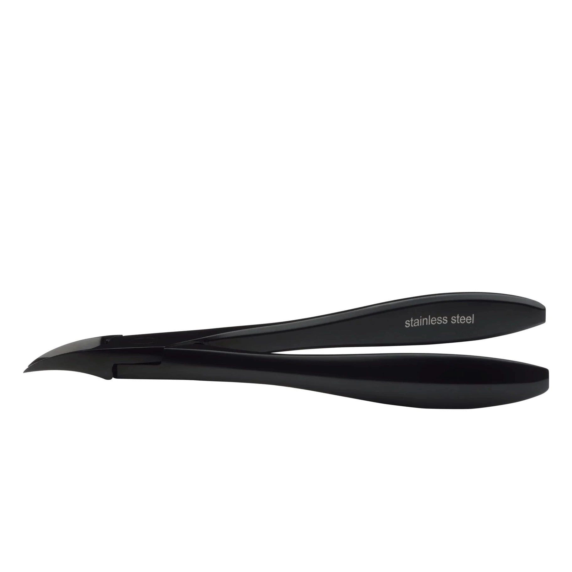 Pince à ongles noire en acier inoxydable. Forme incurvée, manche avec texte.