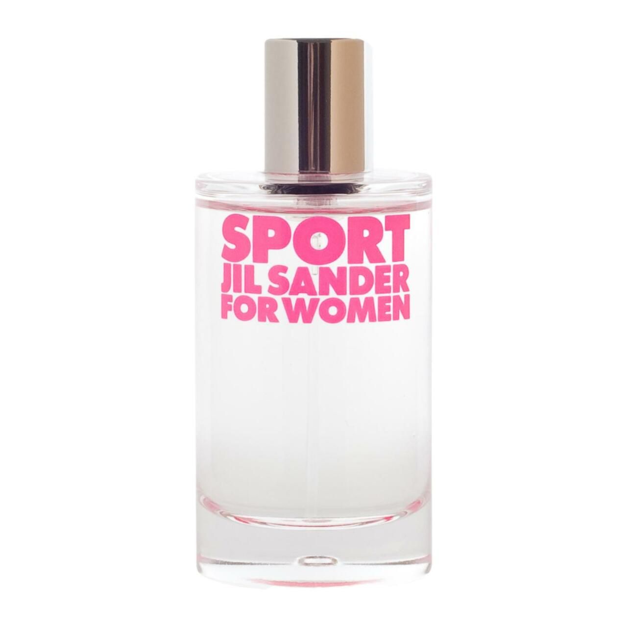 Flacon de parfum Jil Sander Sport for Women avec bouchon argenté et inscription rose.