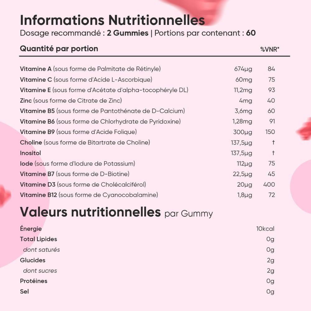 Informations nutritionnelles par portion (2 gommes). Contient vitamines A, C, E, zinc, B5, B6, B9, choline, inositol, iode, B7, D3, B12.