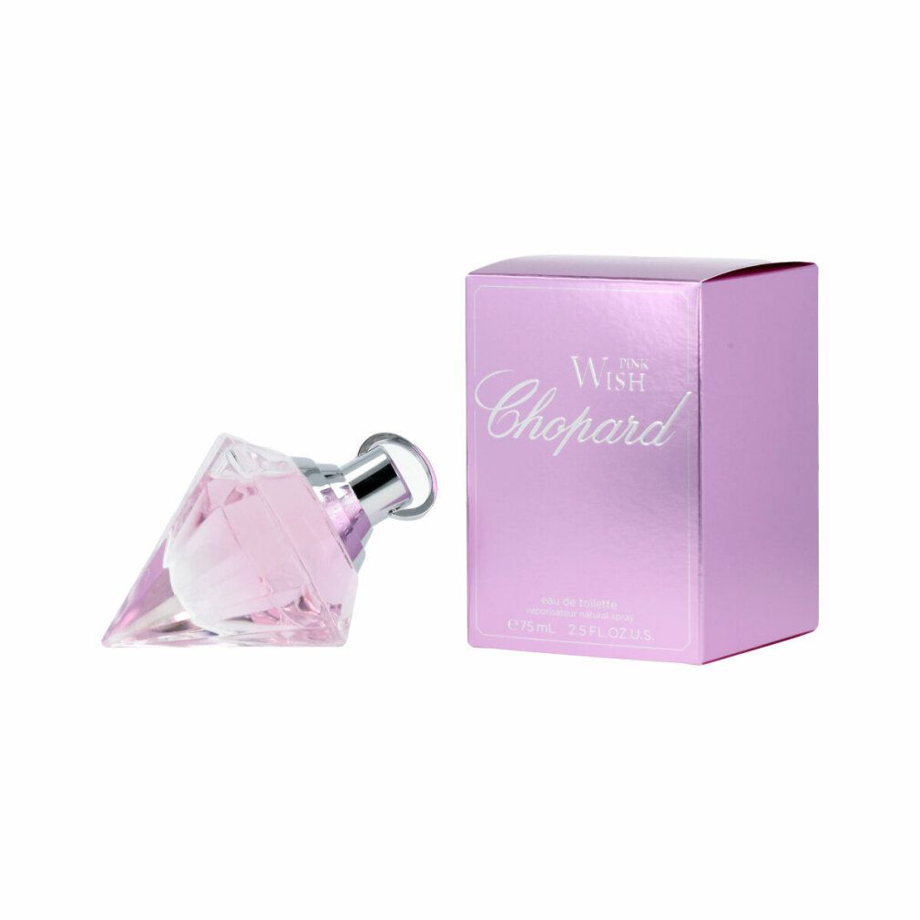 Flacon de parfum rose et boîte rose. Inscription "Wish Chopard". Flacon et emballage.