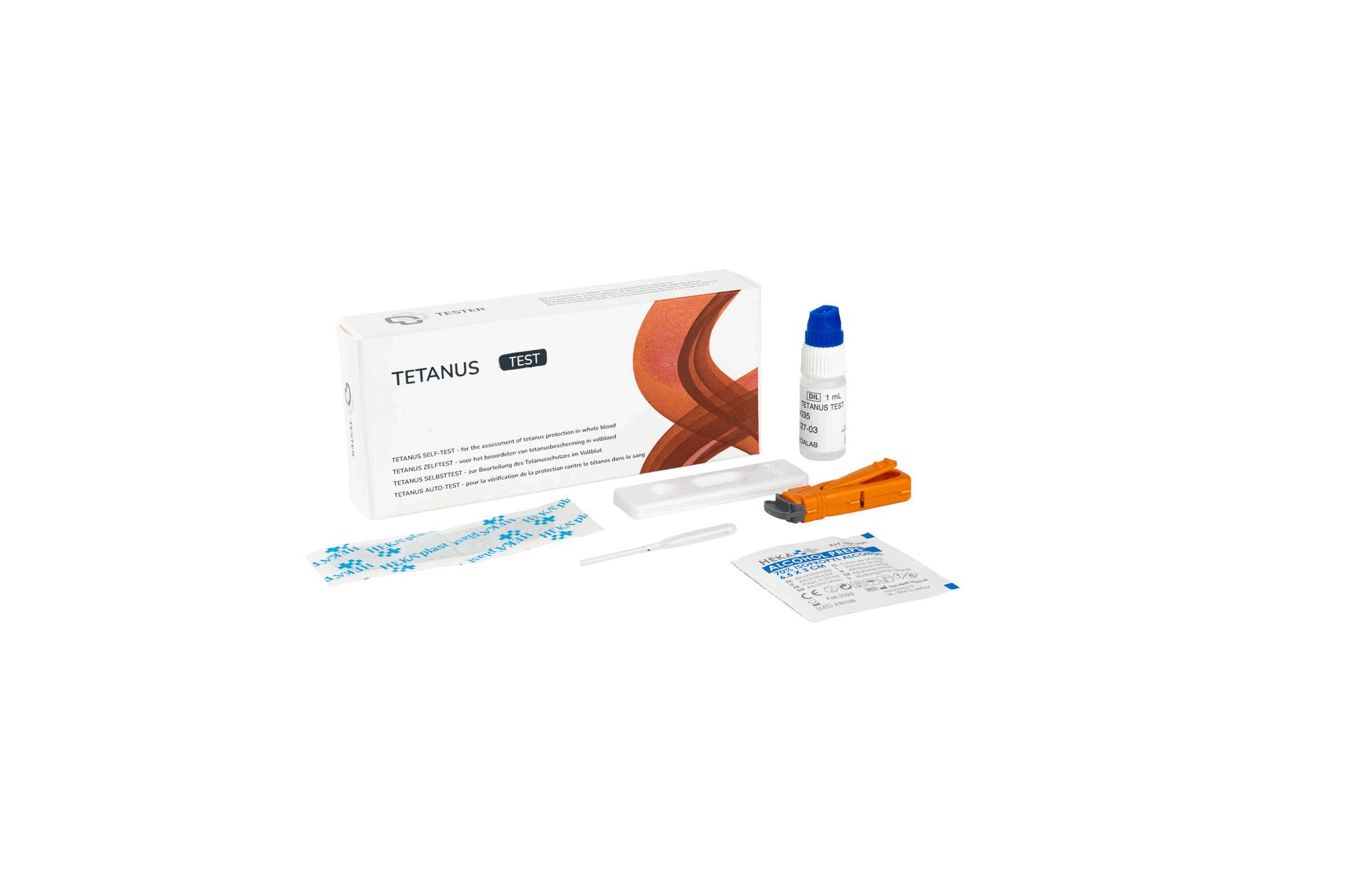 Kit de test du tétanos avec cassette de test, pipette, solution tampon, lancette et instructions.
