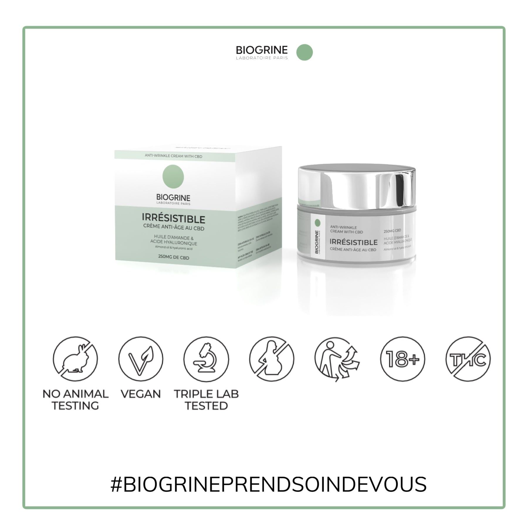 BIOGRINE „IRRESISTIBLE“ crème en verpakking. Logo's: Niet getest op dieren, Vegan, Laboratorium getest, 18+, THC-vrij.