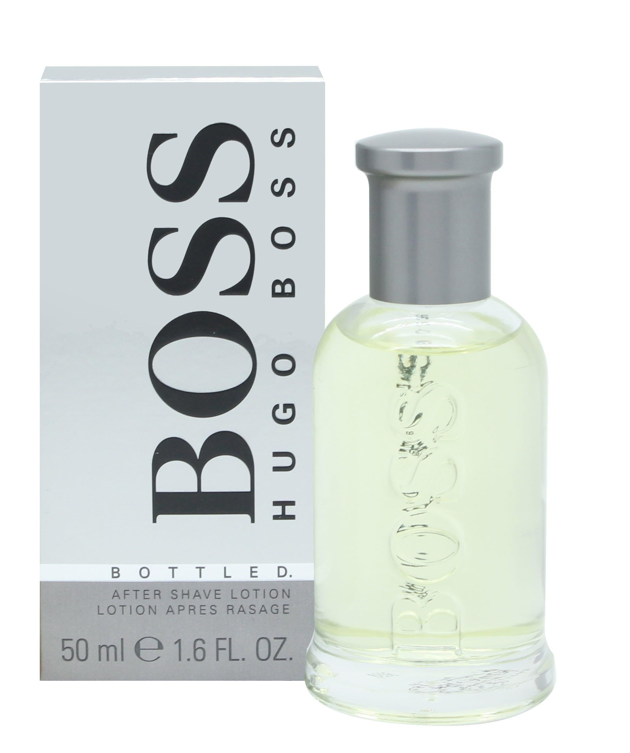 Lotion après-rasage Hugo Boss Bottled 50ml et sa boîte argentée.