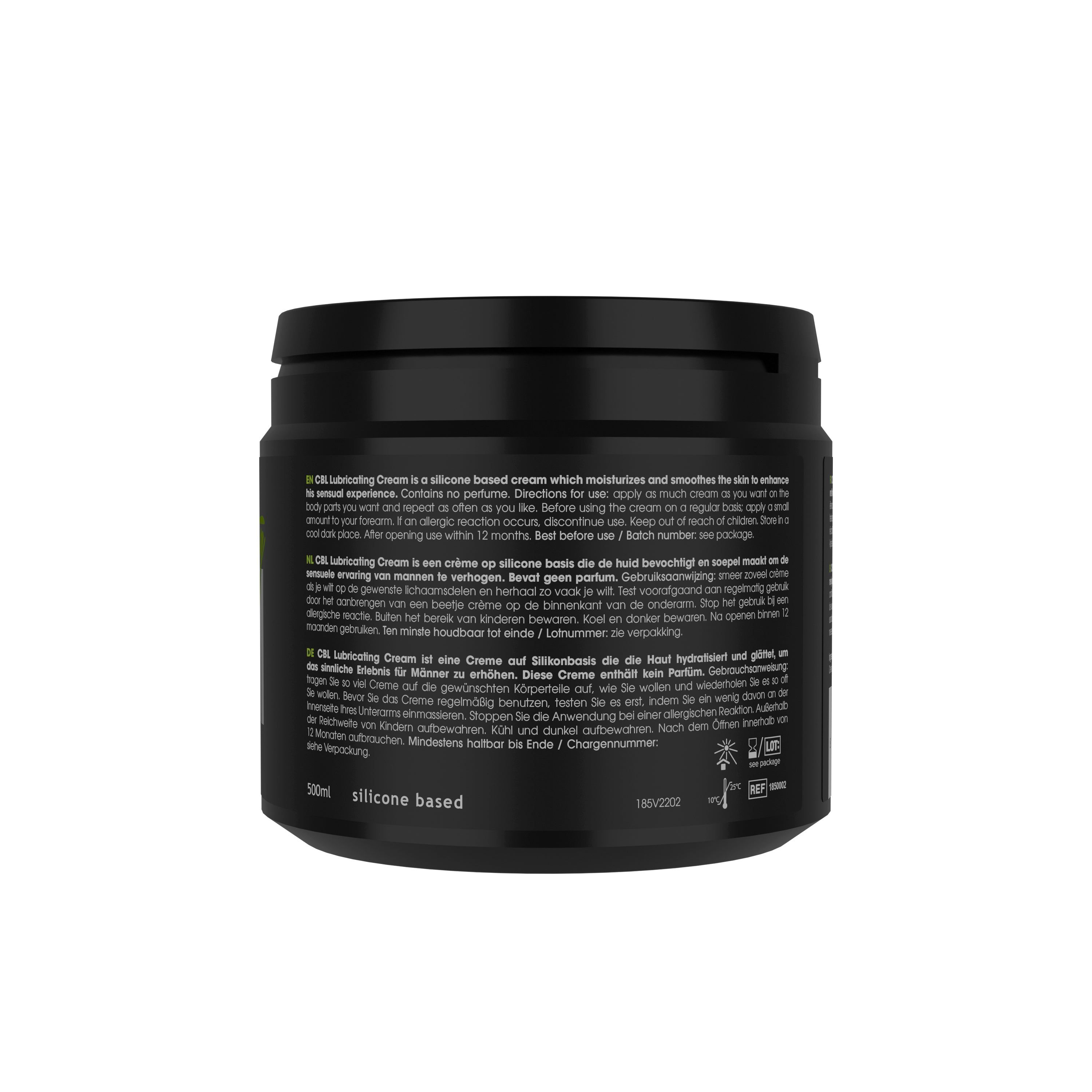 Arrière d'un récipient noir avec informations produit et sceaux.
