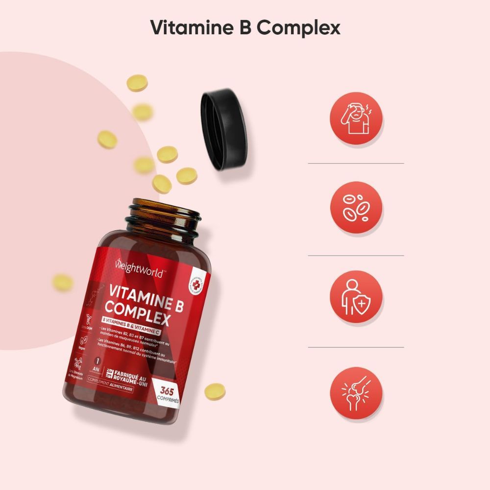 Flacon marron de Vitamine B Complexe. Des comprimés tombent. Texte : 365 comprimés. Illustrations sur des thèmes de santé.
