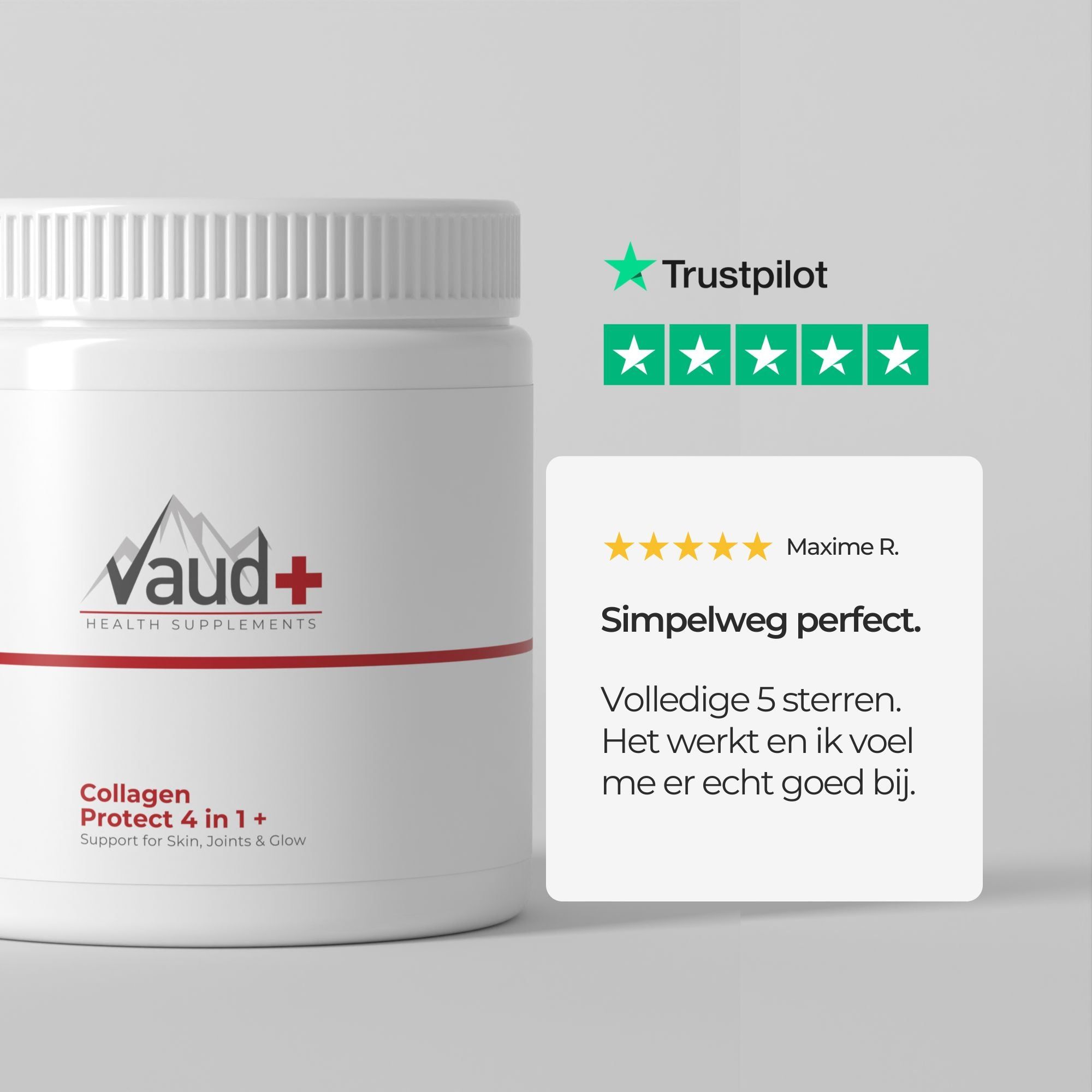 Witte supplementenpot met deksel. Tekst: Vaud+ Health Supplements, Collagen Protect 4 in 1. Trustpilot-beoordeling met 5 sterren.