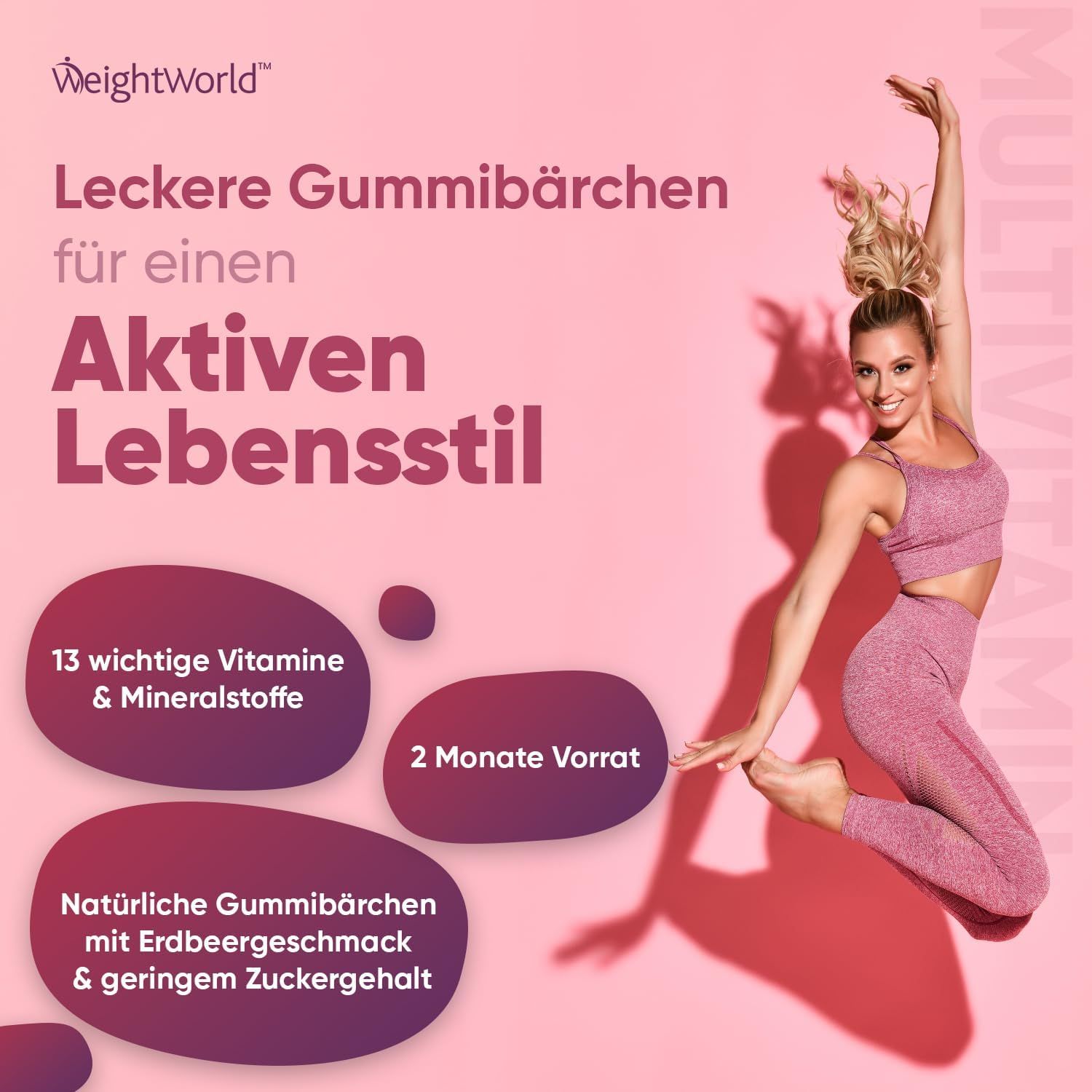 Een vrouw springt in de lucht. Tekst: Heerlijke gummies voor een actieve levensstijl. 13 vitaminen & mineralen.