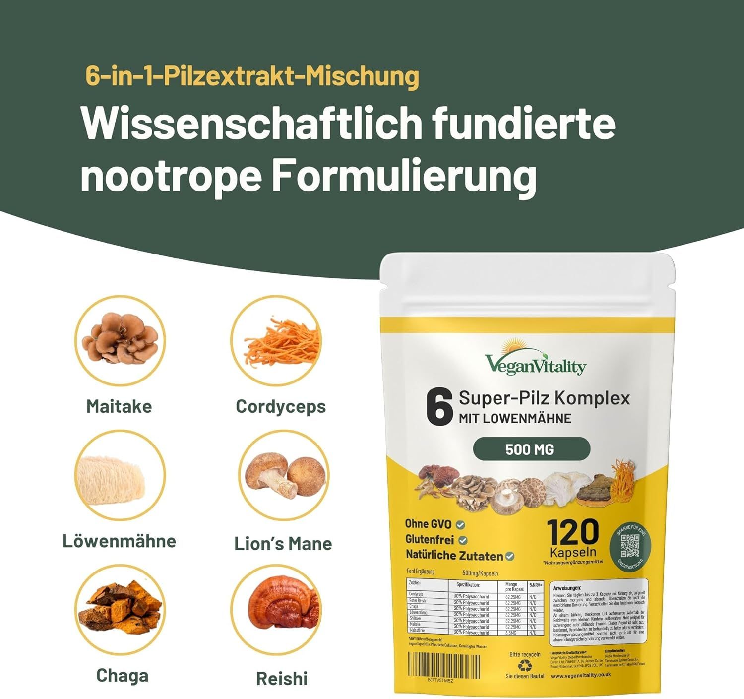 Sachet de gélules Vegan Vitality 6 Super-Pilz Komplex. 120 gélules. 500 mg. Ingrédients: Maitake, Cordyceps, Lion's Mane, Chaga, Reishi. Sans OGM, sans gluten.