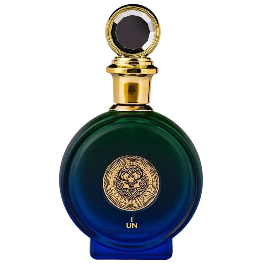 Flacon rond avec bouchon doré et étiquette. Dégradé de couleurs bleu et vert.