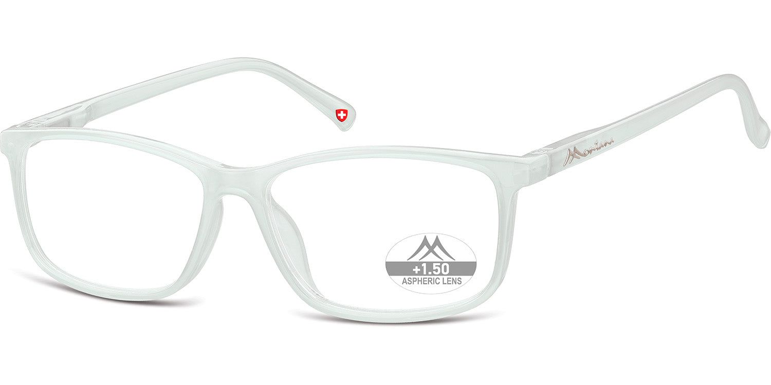 Lunettes à monture rectangulaire, gris clair. "+1.50" sur le verre. Symbole de cœur rouge sur la branche.