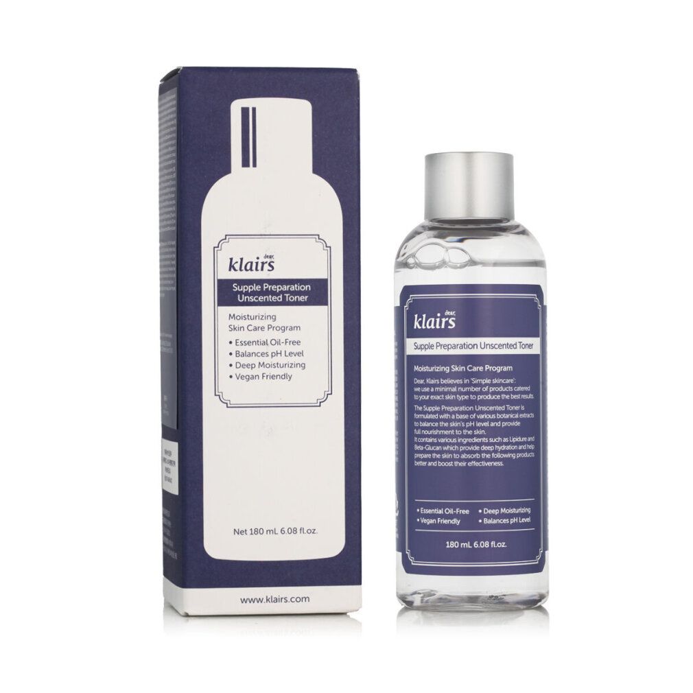 Product en verpakking naast elkaar. Transparante fles met zilveren dop. Opschrift: Dear Klairs Supple Preparation Unscented Toner.