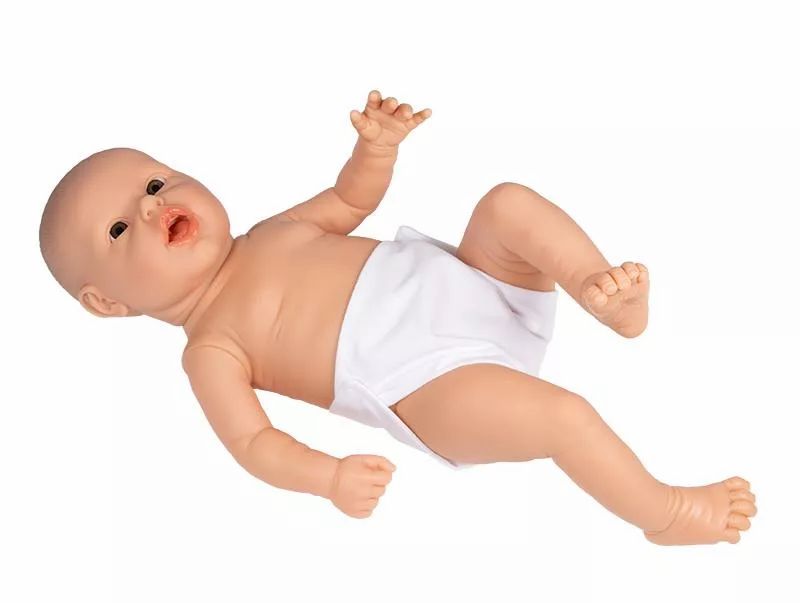 Vrouwelijke baby pop van kunststof. Liggende positie, mond open. Draagt een witte luier.