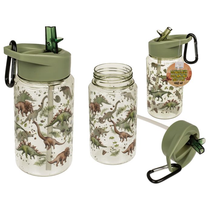 Meerdere weergaven van de drinkfles met dinosaurusmotief. Inclusief fles, dop, rietje en label met tekst.